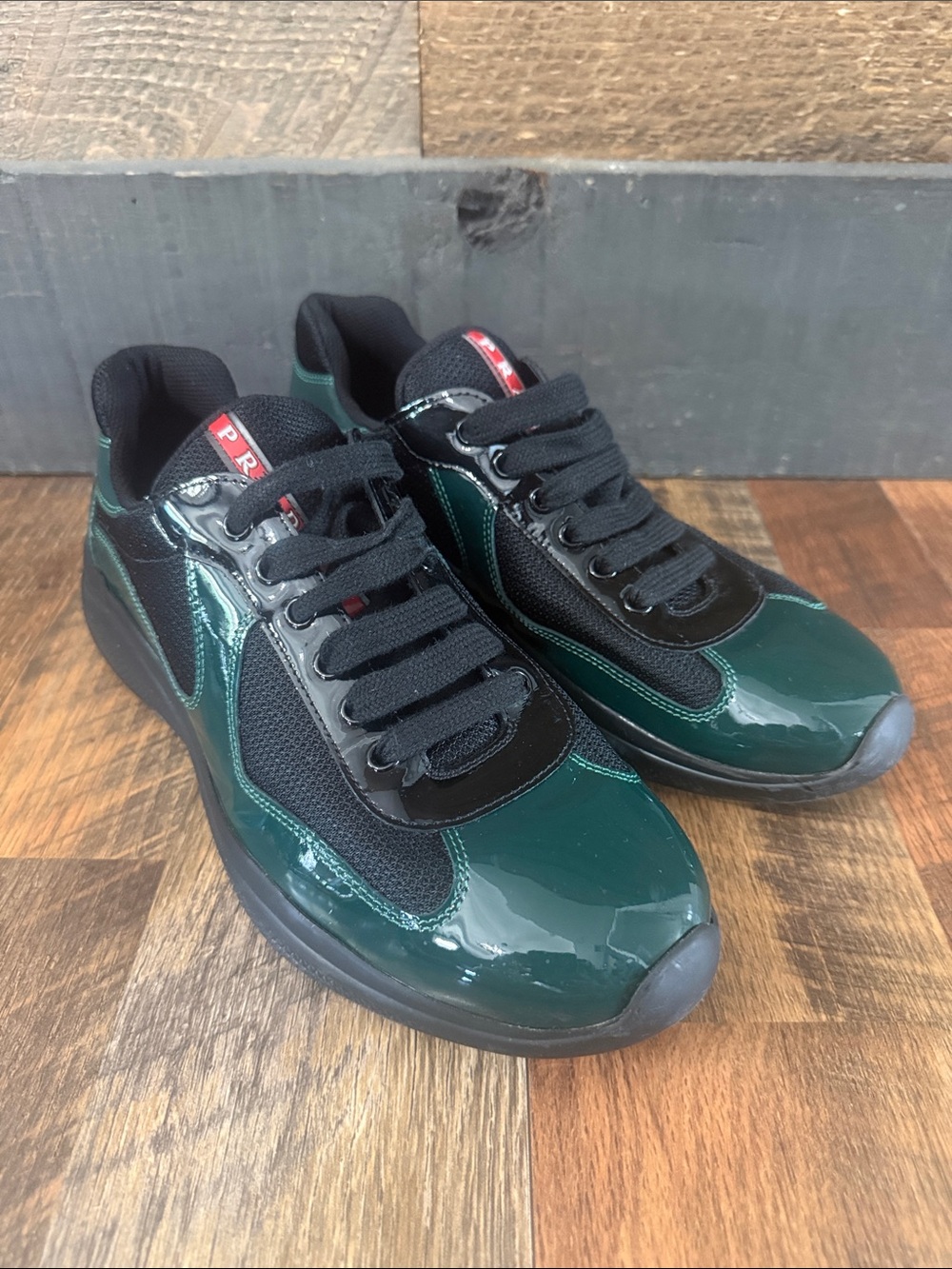 Prada America’s Cup Patent Leather Sneakers Green Black Men’s Size 7UK/8/8.5 US